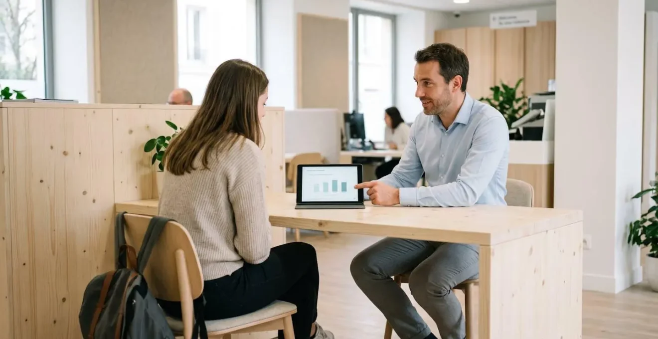 Un conseiller bancaire et une jeune cliente échangent dans un espace d'agence moderne avec des écrans, ambiance professionnelle et bienveillante