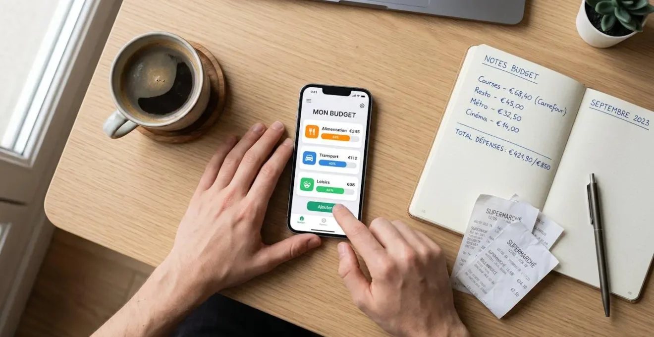 Une jeune étudiante concentrée prend des notes manuscrites tout en consultant son ordinateur portable dans un café lumineux