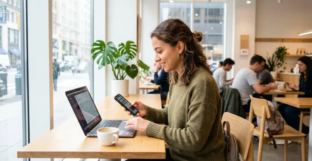 Une jeune femme souriante consulte son application bancaire sur son smartphone, assise à une table de café avec son ordinateur portable ouvert