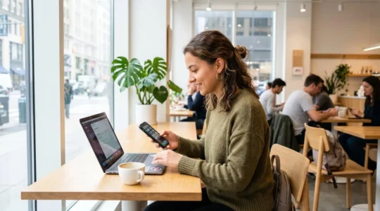 Une jeune femme souriante consulte son application bancaire sur son smartphone, assise à une table de café avec son ordinateur portable ouvert